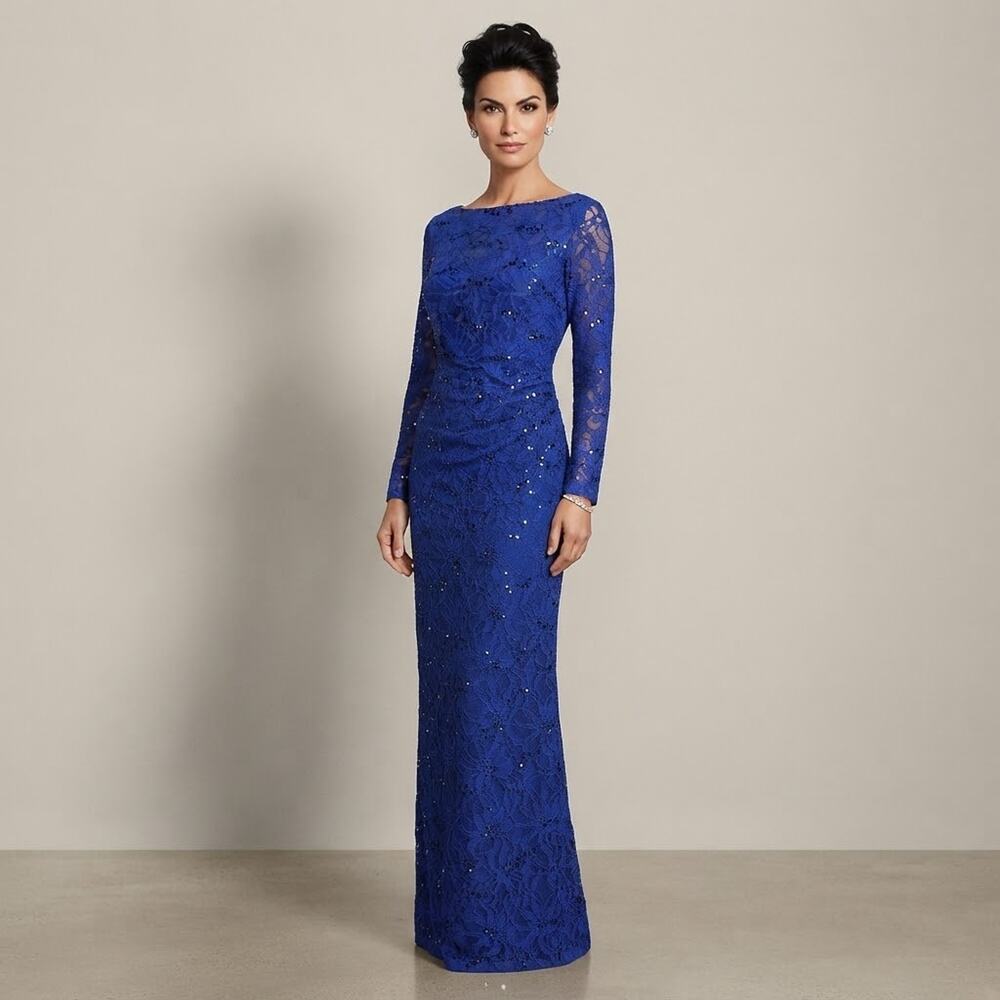 LRL Ralph Lauren Evening Gown 8 Sequin Lace Faux Wrap Dress Long Sleeve Formal